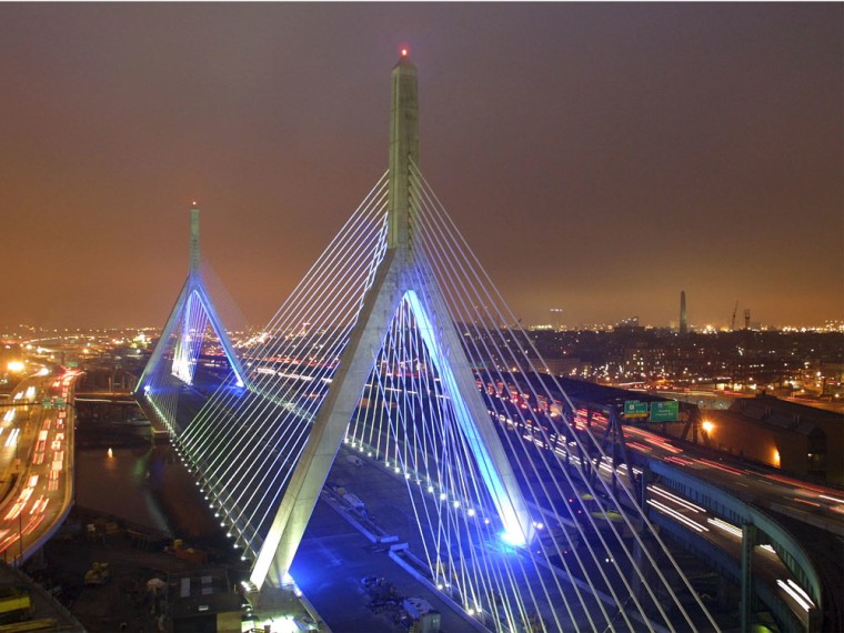 Boston's iconic bridge is also its newest, and wouldn't be there were it not for the infamous traffic jams on the old Central Artery, the elevated section of I-93 that twisted through downtown Boston. The eight-lane, cable-stayed bridge—the world's widest—carries traffic across the Charles River.